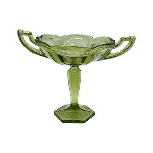VTG Westmoreland Avocado Green Glass Handmade Colonial 1776 2 Handled Compote
